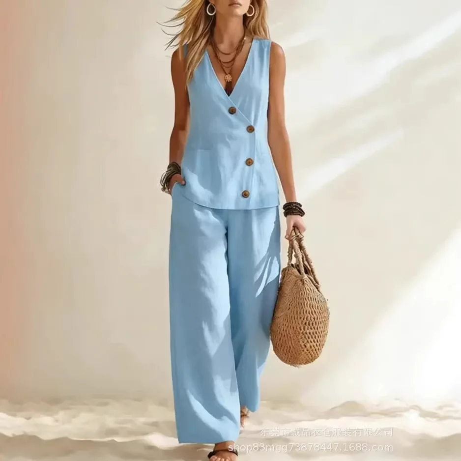 Fashion Deep V-neck Sleeveless Women Summer Trousers Suit Vest Button Vacation Simple Loose Wide-leg Trousers 2 Piece Set Female - view 3