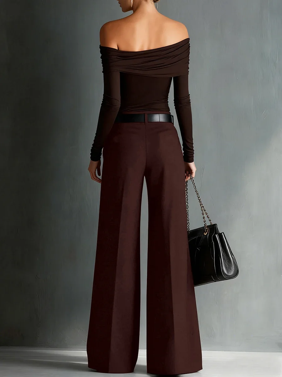 Office Lady Dark Brown Coffee Wide Leg Trousers High Waist Belted Straight Pants Button Fly Pleated Front Autumn Winter Women