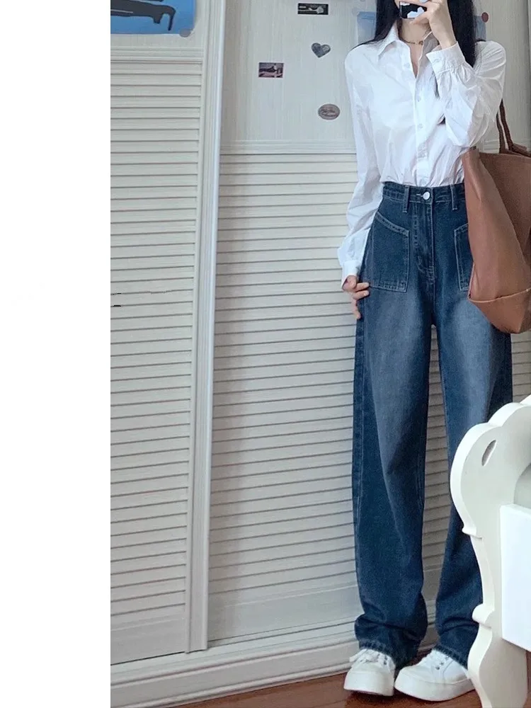 

High Waist Straight Leg Jeans for Pear Shaped Women Spring Autumn New Korean Style plus Size Loose Slimming Wide Leg Pants