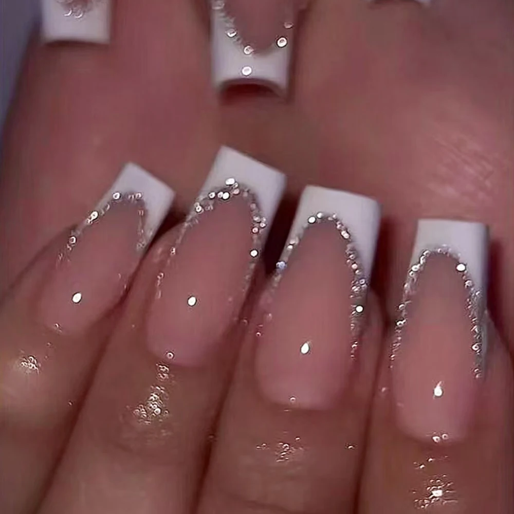 

24Pcs Pink French Fake Nails 3D Glitter Silver Line Edge Press on Nails Long Coffin Detachable & Reusable Fake Nail Tips Patches