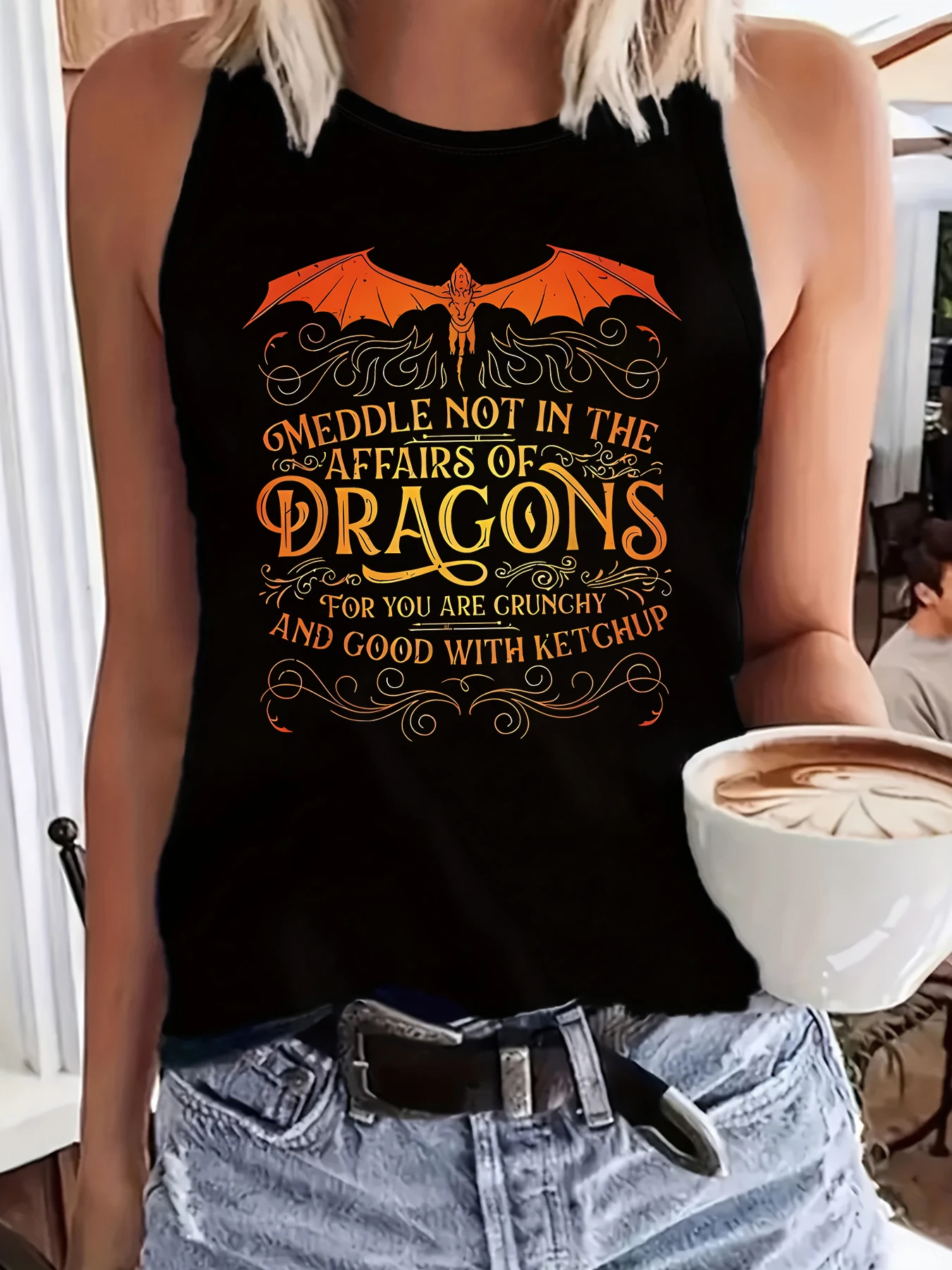 Women's round-neck sleeveless hurdle vest, featuring dragon-themed fun stories with retro flying dragon gradient lettering print