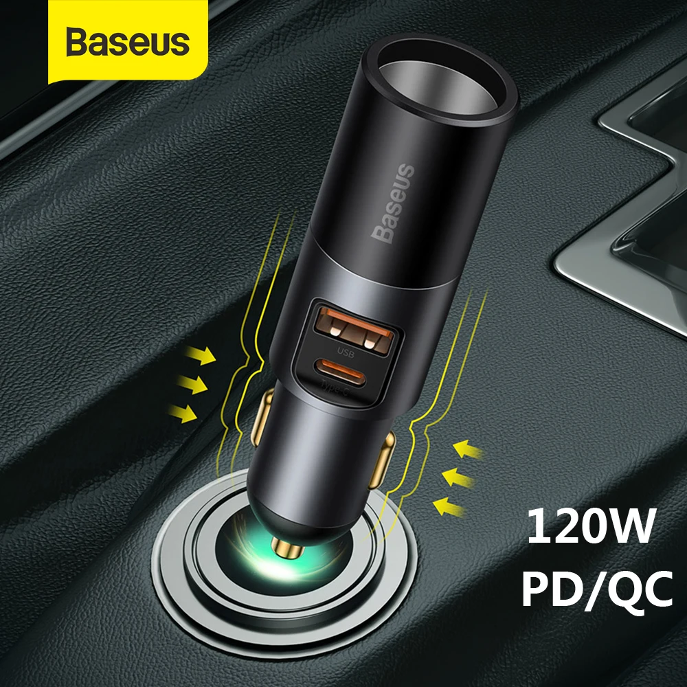 Baseus Car Cigarette Lighter Expansion Splitter Socket 120W Type C USB Dual Ports Fast Charger Car Accessory Adapter For Phone