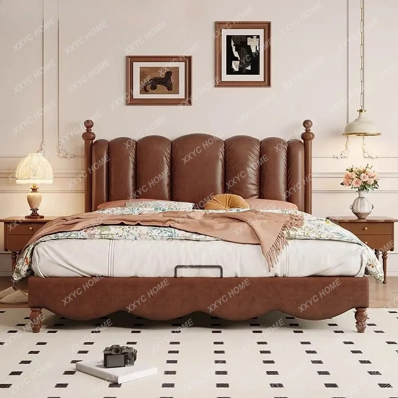 GH retro leather bed floor-to-ceiling spot oil wax leather high-end atmospheric bedroom medium and ancient leather art bed