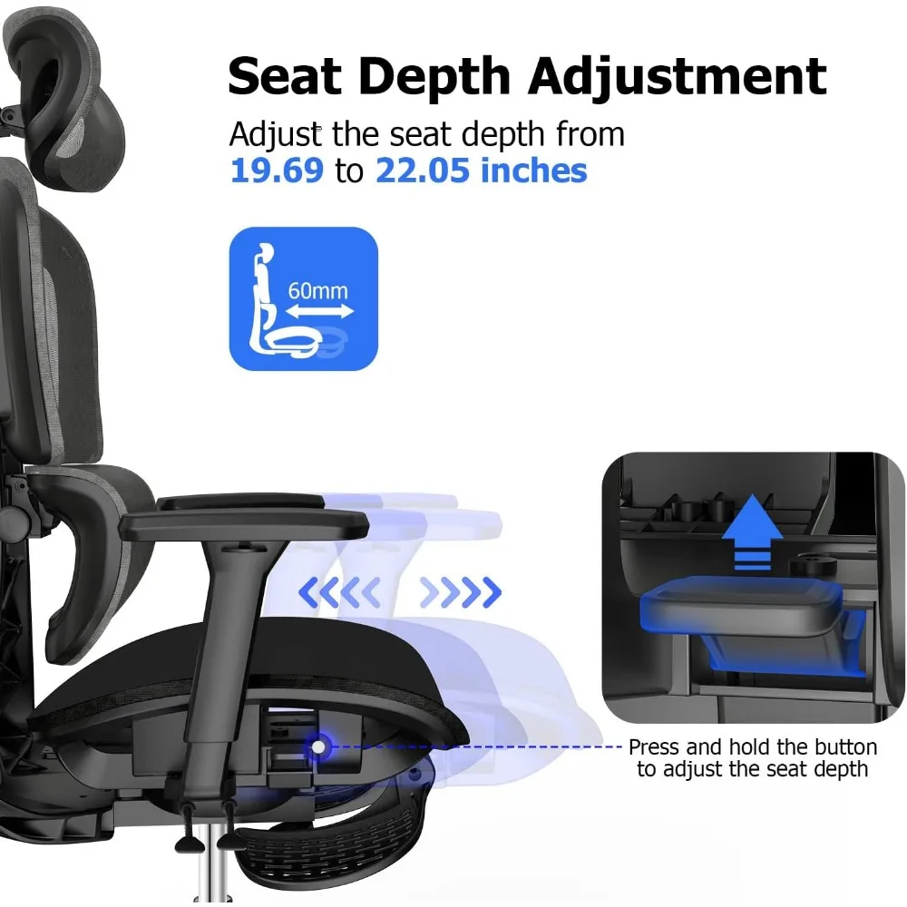 Kursi kantor jala ergonomis, dengan sandaran tangan 3D dapat disesuaikan, kursi komputer meja belakang tinggi Ergo3d, kursi kantor ergonomis dengan roda