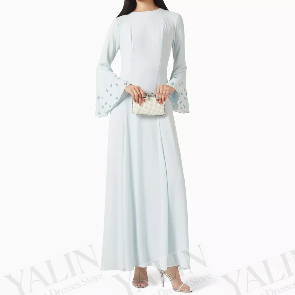 

Women's A-line Evening Dresses Ankle-length O-neck Full Sleeve Prom Gown Fashion Sequined Simple Draped Customized Gowns
