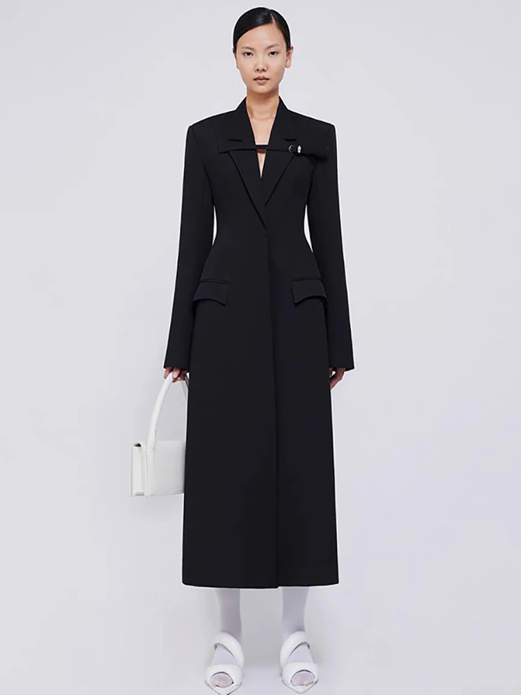 DEAT Solid Color Long Sleeve Lapel Coat Dress For Women Autumn 2024 Pocket Design Elegant Mid-length Female New Dresses 13DB4256