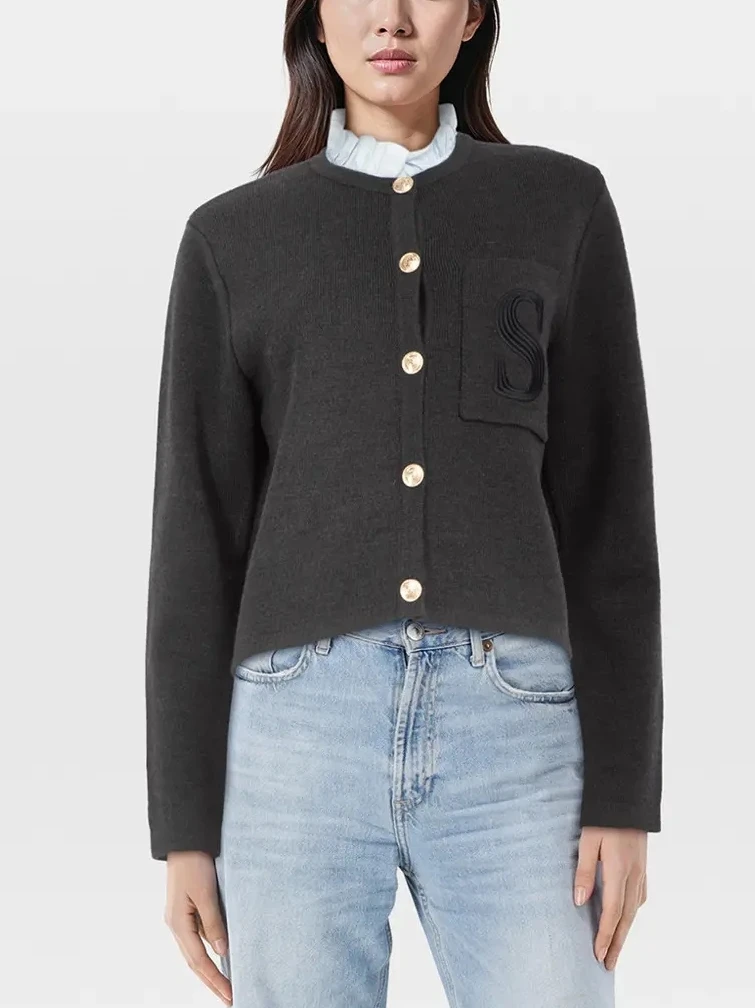 

Paris SD Style Brand Design Knit Embroidery S Letter Black Grey Sweater Cardigan For Woman Fashion Knitwear Lady Clothing