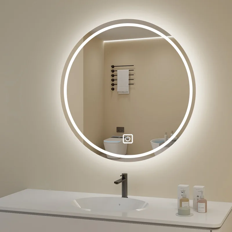 Round mirror wall-mounted smart bathroom mirror toilet with light led touch screen induction anti-fog luminous wall-mounted