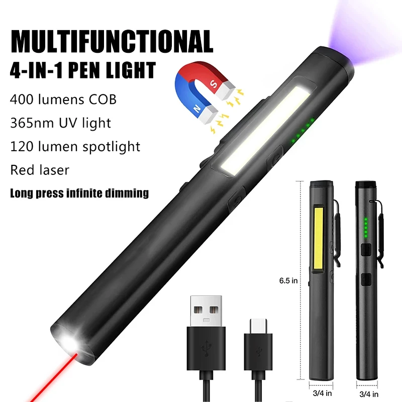 Multifunctional 4 in 1 LED Pen Flashlight (UV/LED/COB/Laser) Type-C Rechargeable Medical Mini Torch Pen Clip Repair Work Lantern