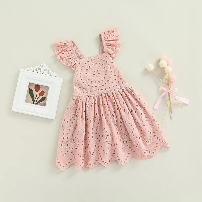 Newborn Baby\'s Clothes Girls Summer Dress Solid Color Lace Hollow-Out Square-Neck Flying Sleeve Children\'s Clothing Set 1-5Y