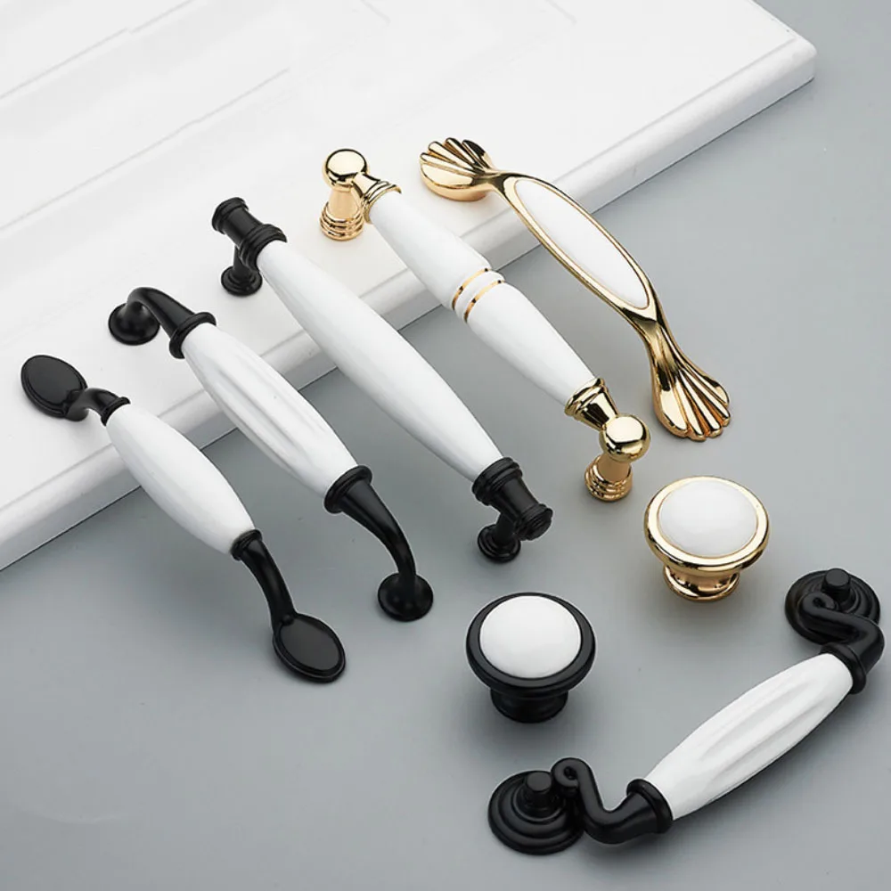New Chinese Style Black White Ceramic Cabinet Pull Knob Wardrobe Drawer Door Handle Modern Simple Single Hole Furniture Hardware