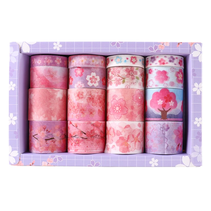 Sakura Washi Tape, suministros de álbum de recortes, Cinta Adhesiva Decorativa, suministros escolares, diario, cintas Washi, 16 rollos