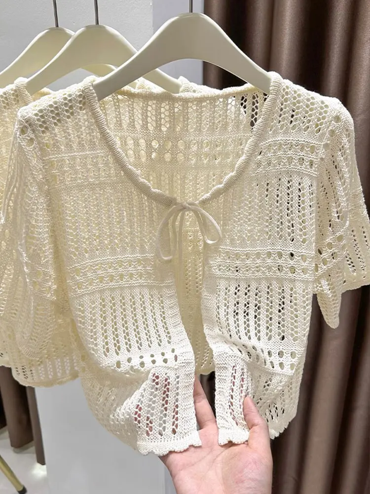 

ort Sve Hollow out Knitted Ice Silk Cover up Cardigan Women's Summer ter Dr Outerwear oulder awl Korean Sle