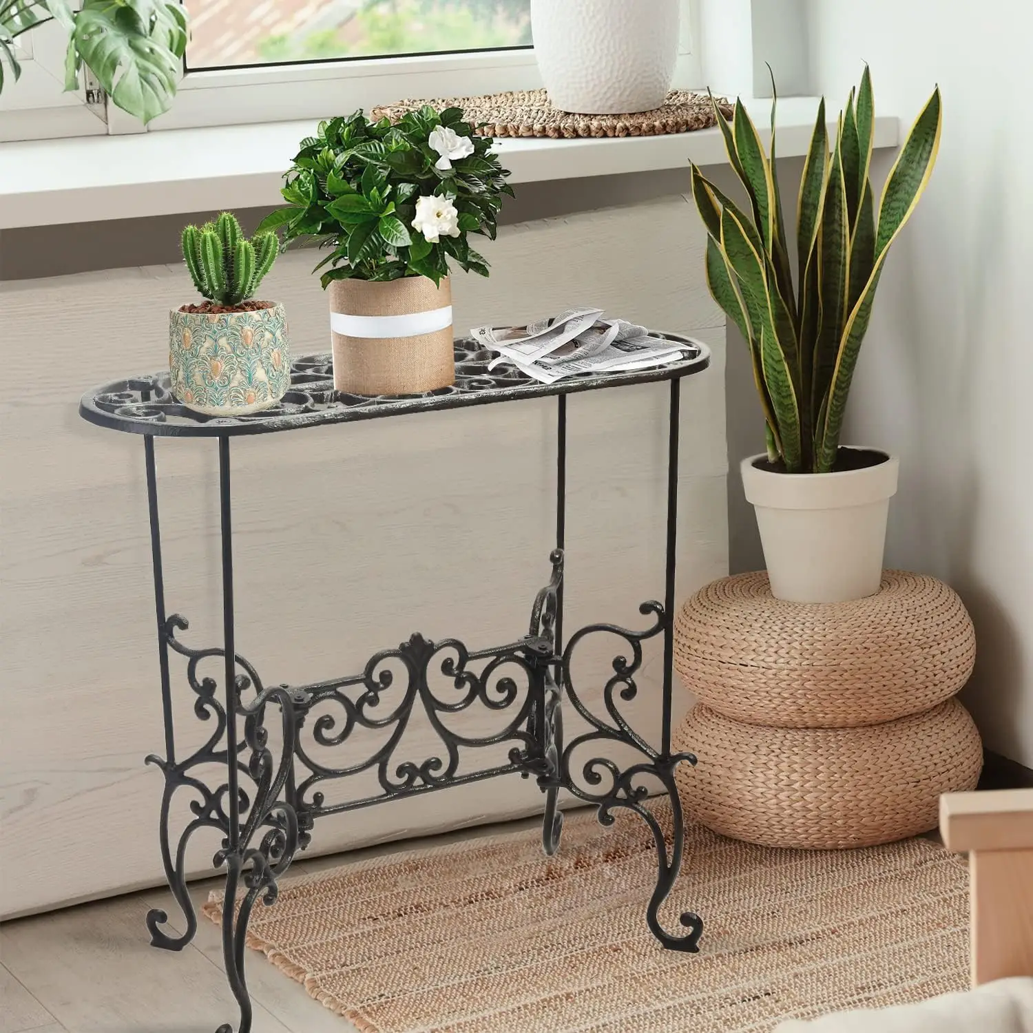 Sungmor Heavy Duty Cast Iron Potted Plant Stand Garden Table Indoor Outdoor Corner Shelf for Planters Vases Books and More