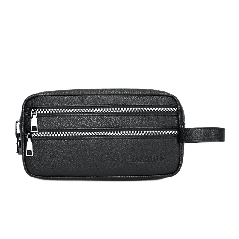 Men's Leather Clutch Bag Double Layer Zipper Large Capacity Mobile Phone Storage Casual Business Waterproof Luxury Tote