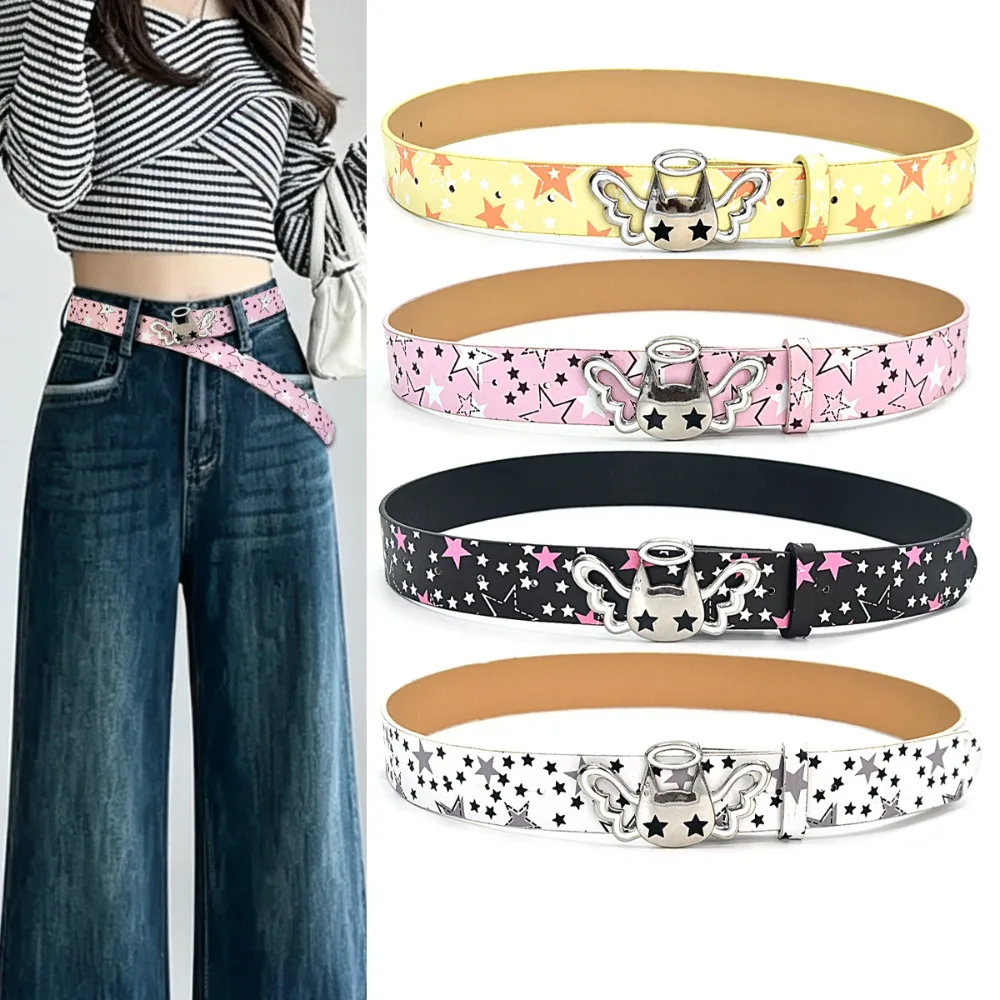 PU Leather Strap Women Waist Belt Casual All Over Star Print Y2K Waistband Adjustable Pink Bow Decor Decorative Jean Belt
