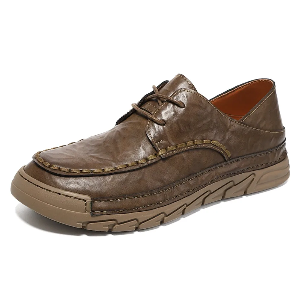 2026 Men's Casual Leather Shoes Soft Bottom Large Size Comfortable Rubber Sole Handmade Stitching Business Shoes Leather Surface