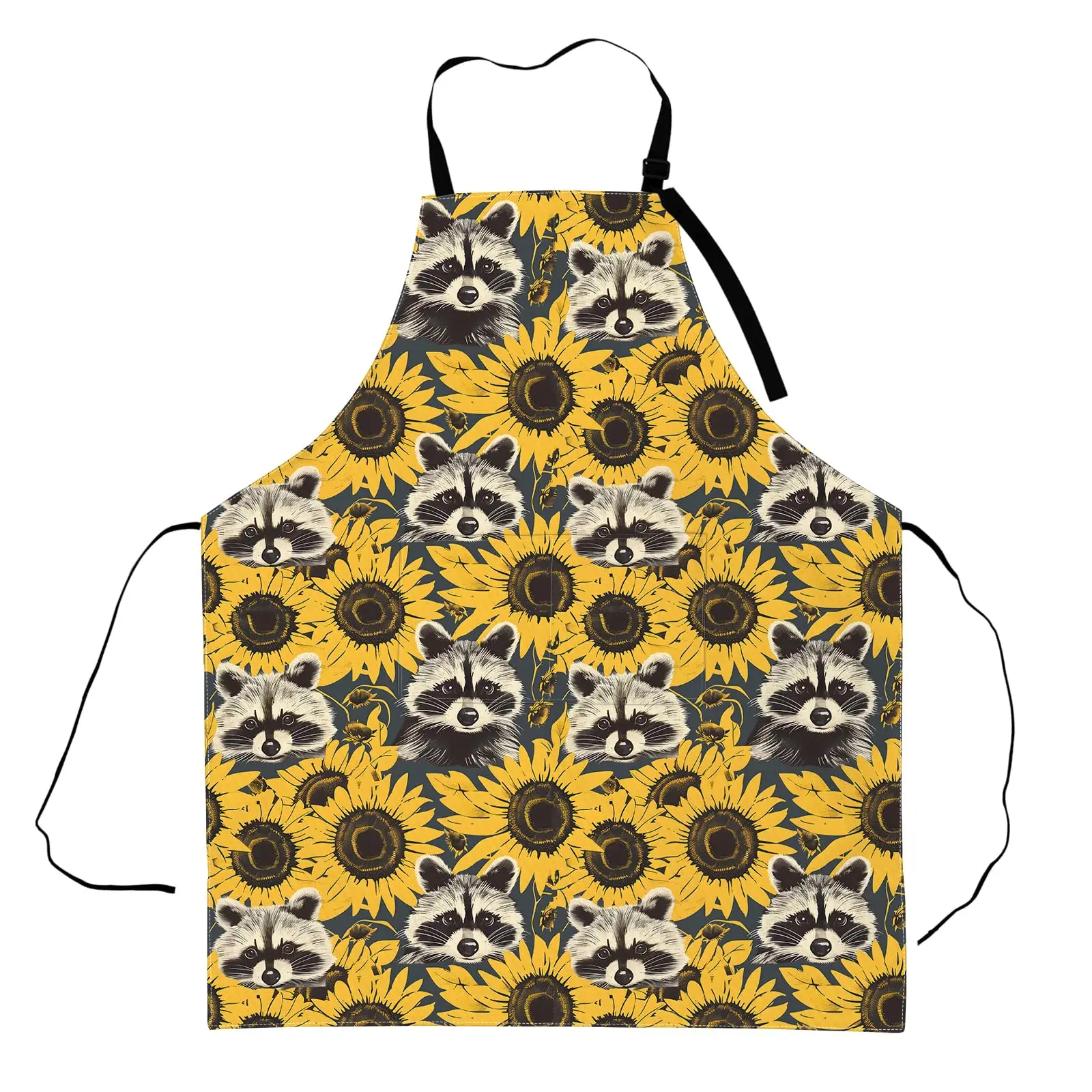 

Raccoon and Sunflower Apron,Adjustable Waterproof Oxford Fabric Kitchen Apron for Men and Women Cooking, Baking Coffee Shop
