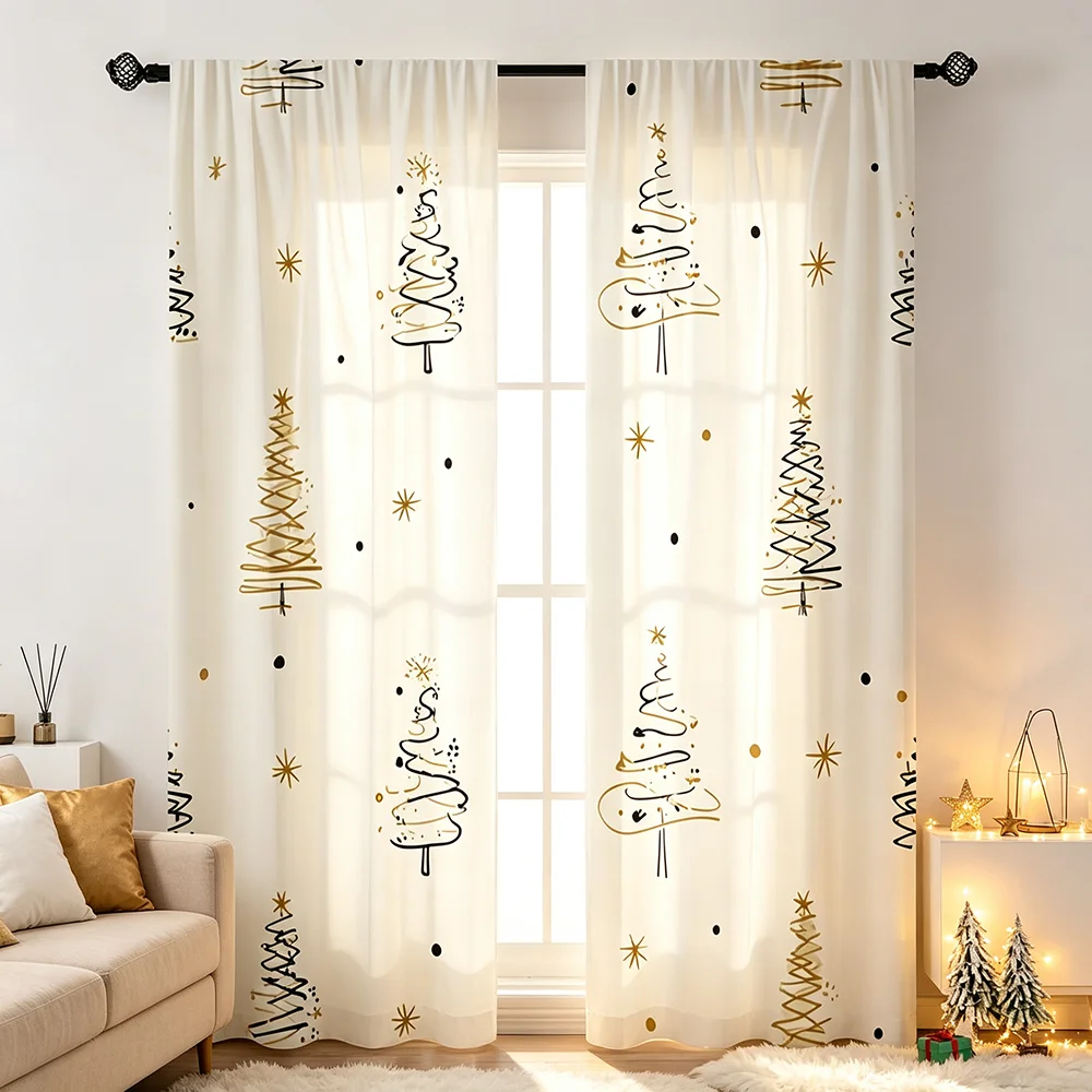 Minimalist Line Art Christmas Tree Curtains, Rod Pocket, Polyester, Home Decor, Bedroom Living Room, Modern Decor, Home Decor