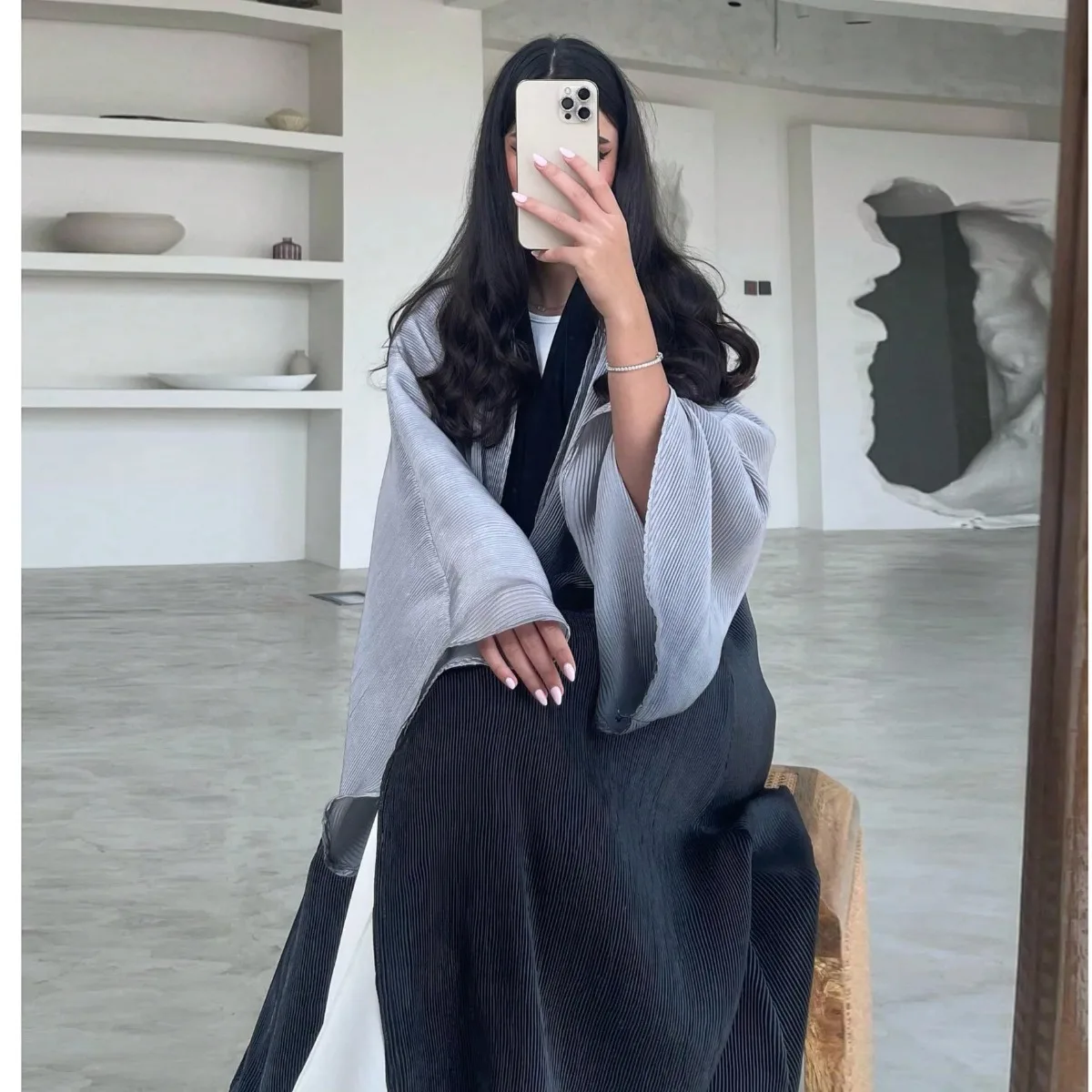

Ethnic Eleganat Open Front Abaya Middle Eastern Muslim Women Flare Sleeve Pleated Abayas Islamic Kaftans Jilbabs Maxi Dresses