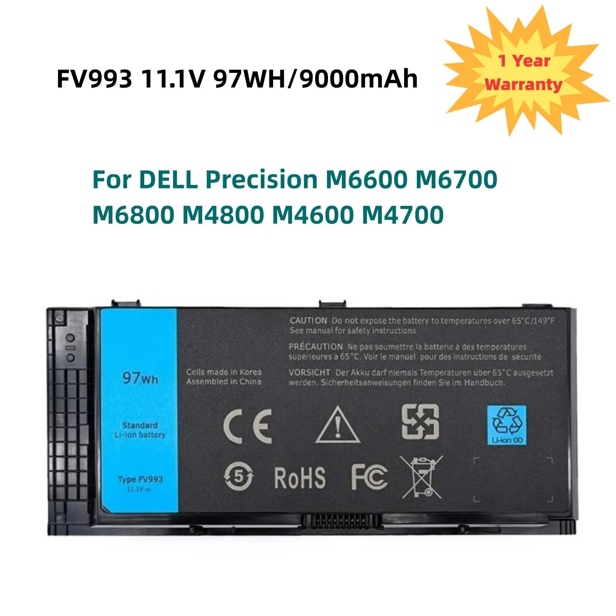 

FV993 Laptop Battery For DELL Precision M6600 M6700 M6800 M4800 M4600 M4700 FJJ4W PG6RC R7PND 11.1V 97WH/9000mAh