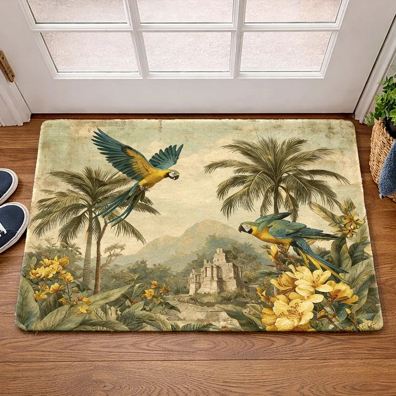 Vintage Tropische Papageien-Fußmatte Retro Palmenbaum Ara-Bird Antiker Tempeldruck Antike Eingangsmatte