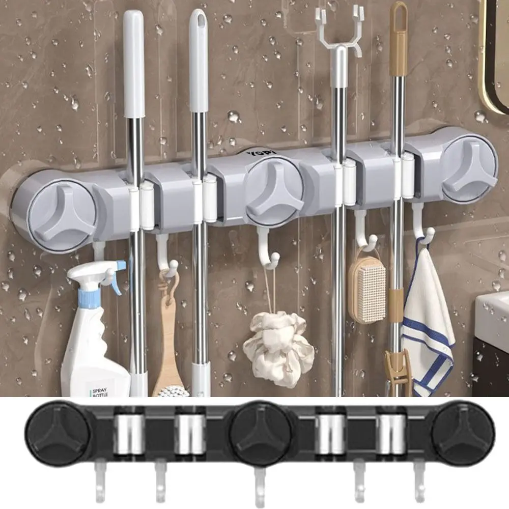 

4-позиционный держатель для швабры на присоске, 5 крючков, водонепроницаемая подвесная стойка для швабры, экономия места, прочная фиксированная вешалка для метлы в ванной комнате, гараж