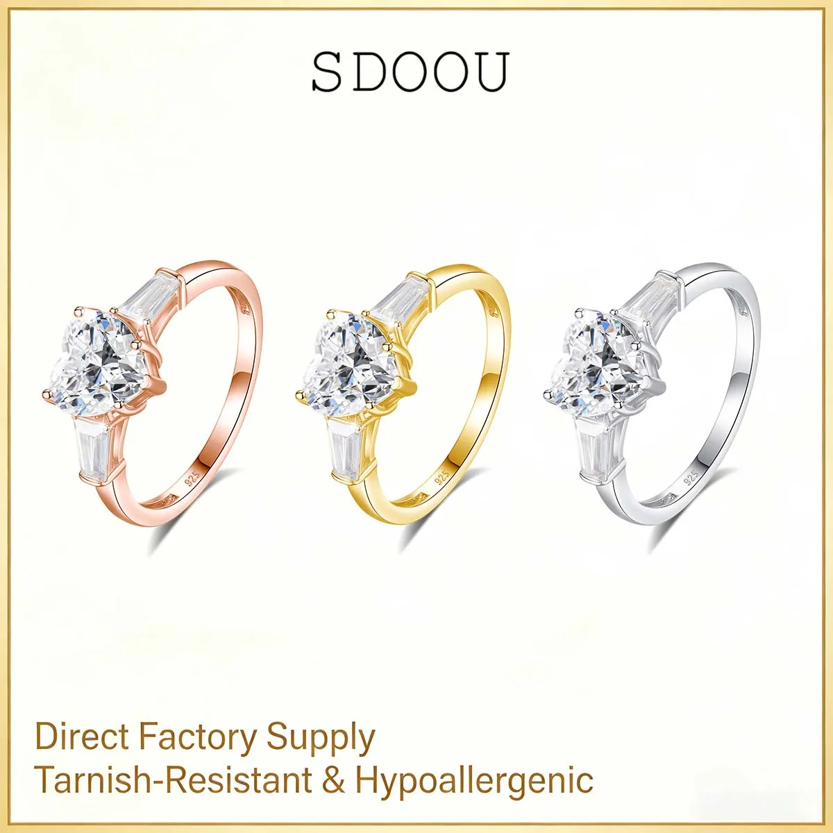 SDOOU S925 فضة مويسانيتي خاتم الحب القلب 2ct 3 حجر للنساء المشاركة وعد الزفاف غرامة مجوهرات هدية مشرقة