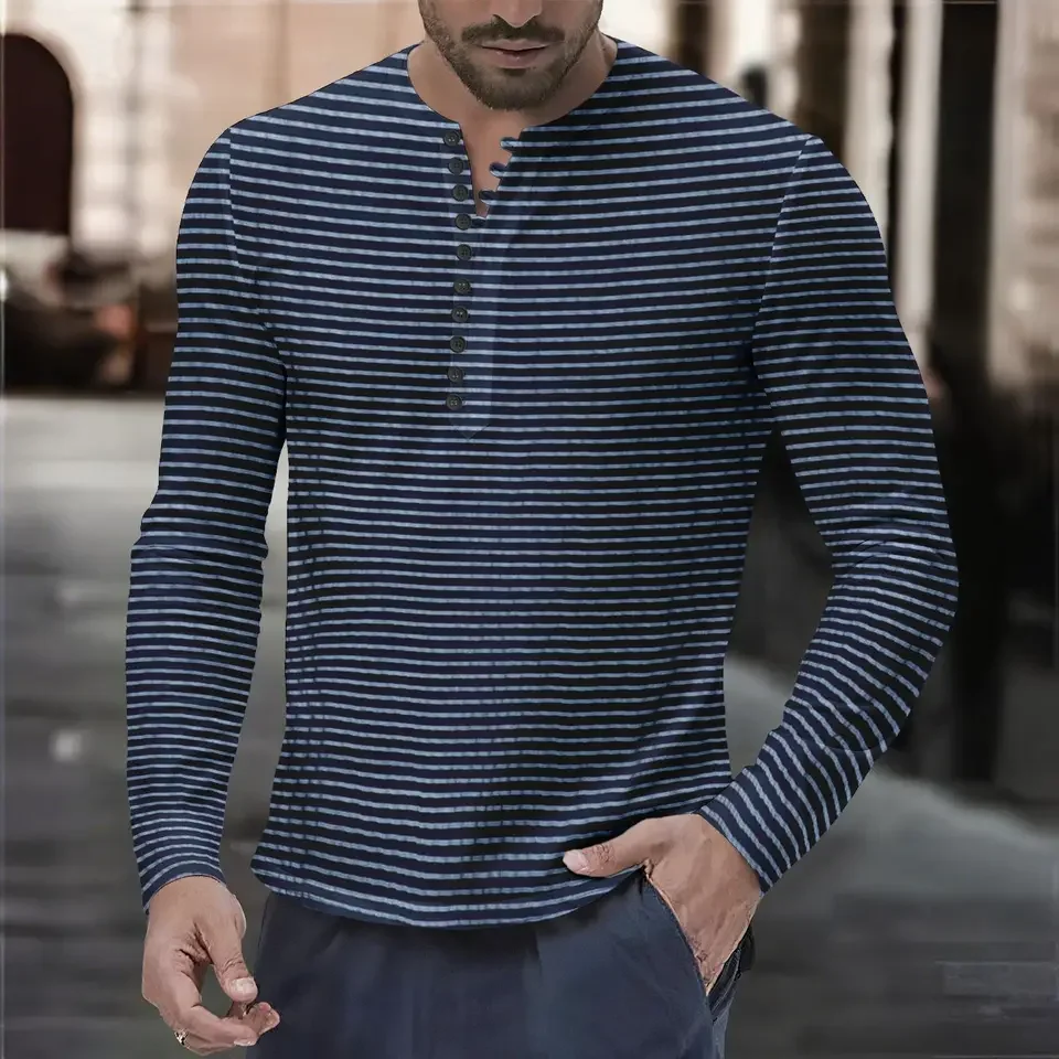 Yama Men's Autumn And Winter Versatile Bottom Long Sleeve Henry Shirt Casual Horizontal Striped Henry T-Shirt