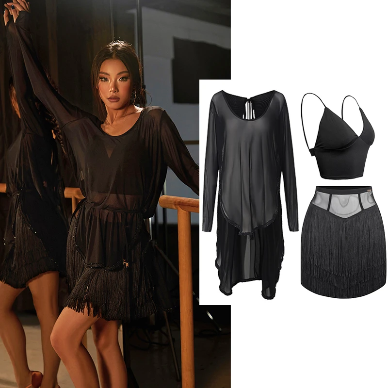 

ZYM 2022, сексуальная одежда для латинских танцев, черные сетчатые топы, юбка с бахромой для взрослых, ча-ча, румба, самба, танцевальное платье для соревнований 25390