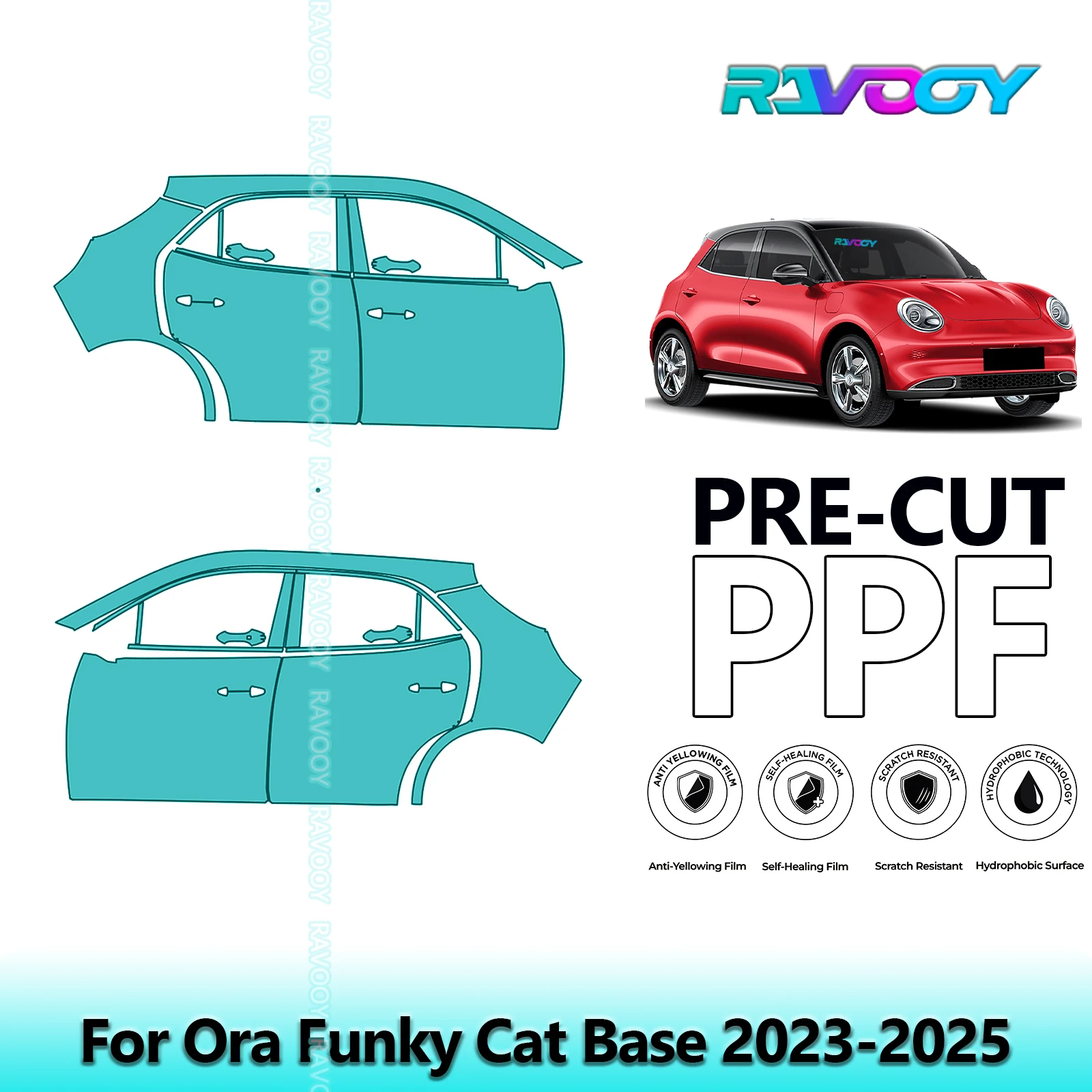 

For Ora Funky Cat Base 2023-2025 8.5mil Clear Matte Pre-Cut PPF Door & A/B Pillar Kit TPU Paint Protection Film Set
