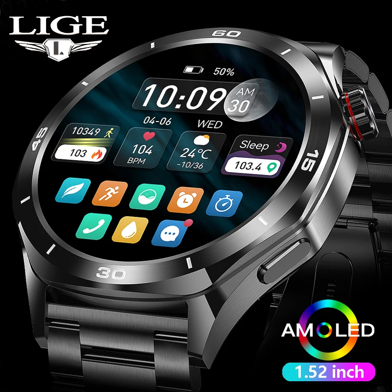 LIGE Fashion Smart Watch Men 400mAh Large Battery 360*360 HD Screen Heart rate Outdoor Sport Waterproof BT Call Men SmartWatch