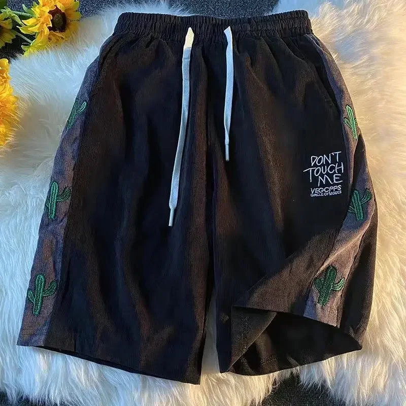 Vintage Shorts Femmes Pantalon Baggy S-3XL Broderie Harajuku Taille Élastique Adolescents Velours Côtelé D'été Kpop Tendance Y2k Couple Vêtements