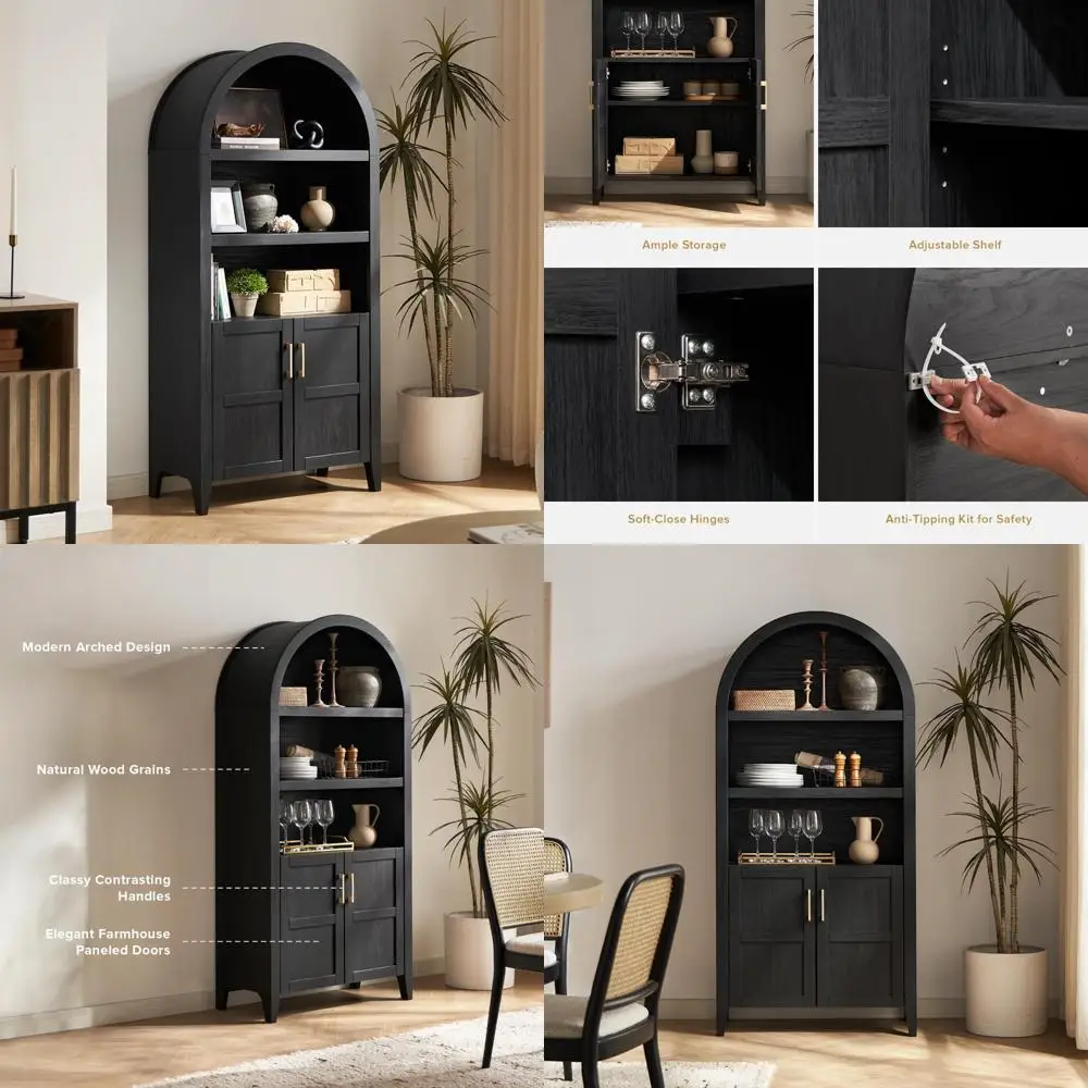 خزانة كتب خشبية مقوسة من 5 طبقات مع أبواب وأرفف، ورف كتب صغير للتخزين على شكل قوس، وخزانة قصيرة مقوسة