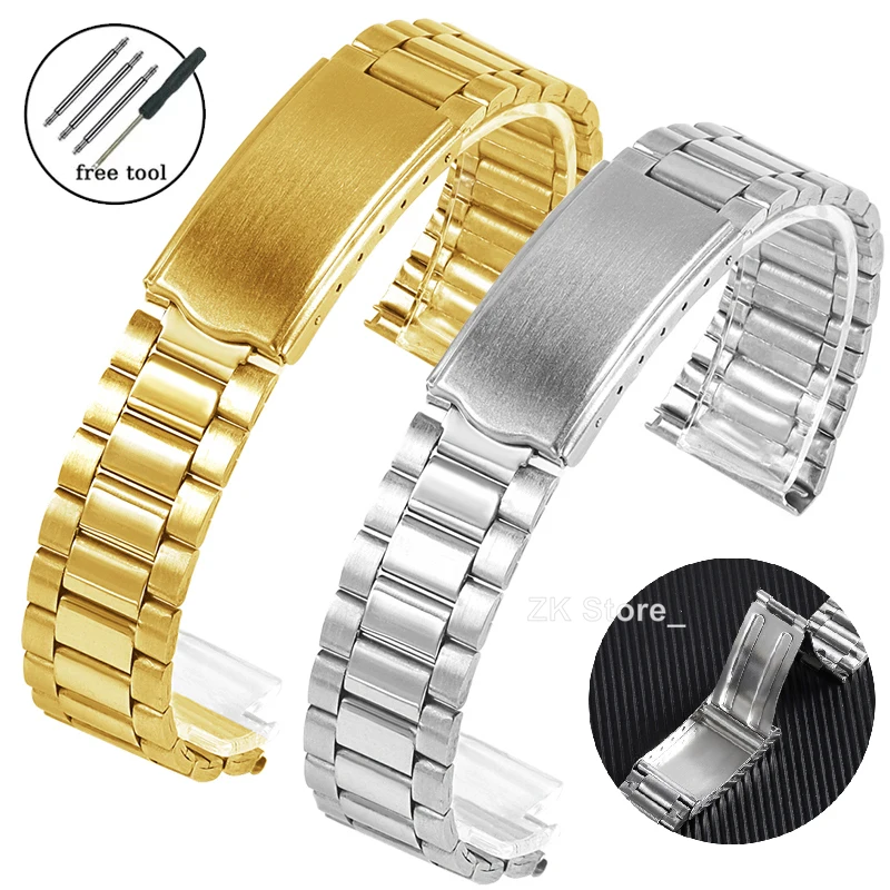 Stainless Steel Watch Band Metal Bracelet Folding Buckle 12mm 14mm 18mm 20mm Universal Watch Strap Silver Gold for Men Women