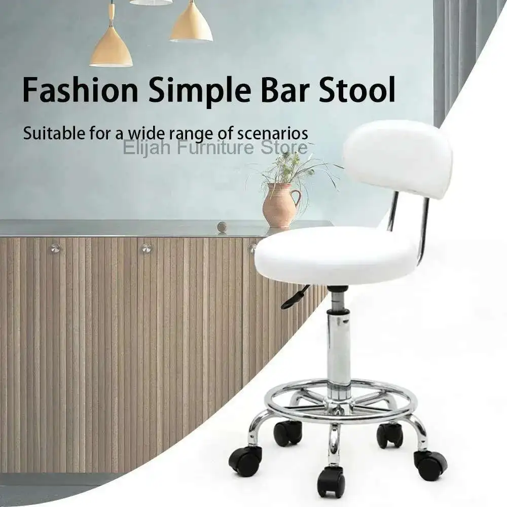 Salon Round Shape Adjustable Stool with Back and Line White Taburete Con Ruedas Cadeira De Barbeiro Salon Equipment Furniture