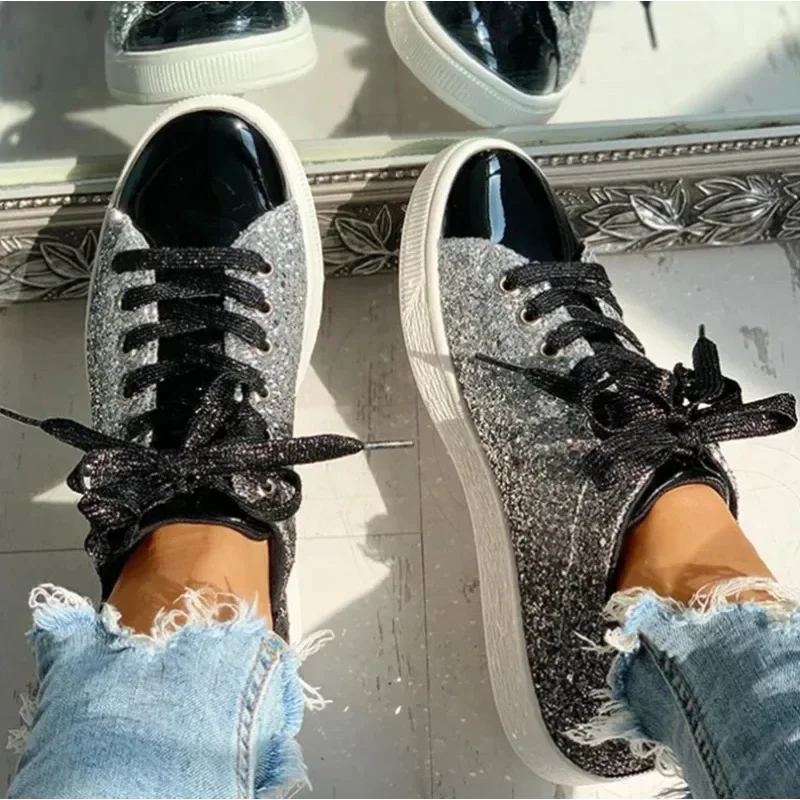 Wome\'s Sneakers Bling Golden Shoes Casual Female Breathable Lace Up Outdoor Sport Tennis Women Vulcanize Shoes Zapatos De Mujer