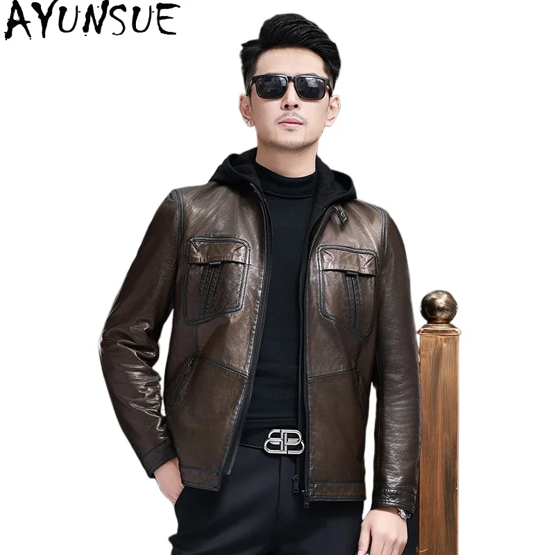 

AYUNSUE Genuine Sheepskin Leather Jackets Man Detachable Hood Short Thin Men Vintage Leather Jacket Motorcycle Coat chaquetas