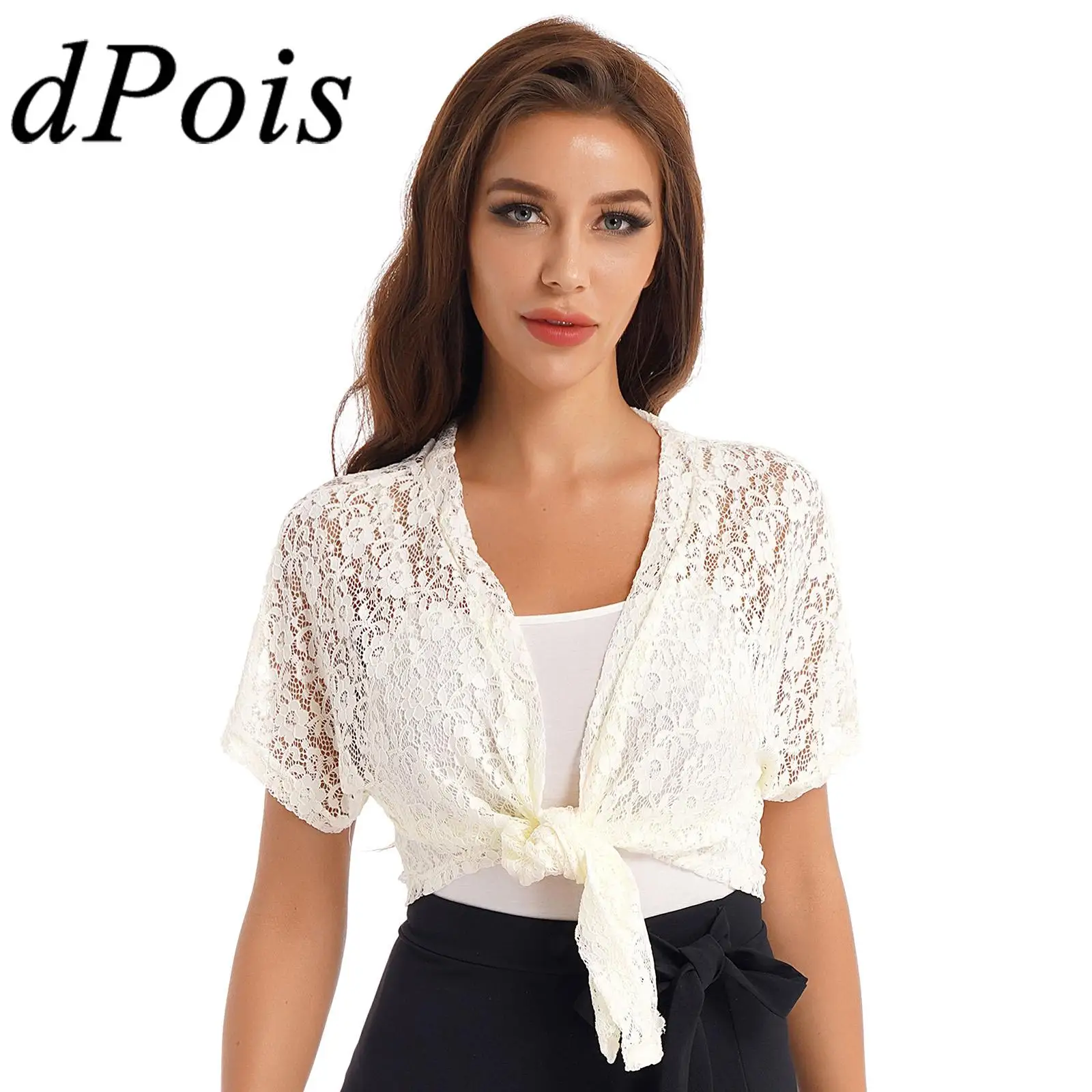 Elegant Womens Shawls Wrap Hollow Out Lace Cardigan Bridal Bolero Short Sleeve Lace-up Summer Sun Protection Beachwear Cover Ups