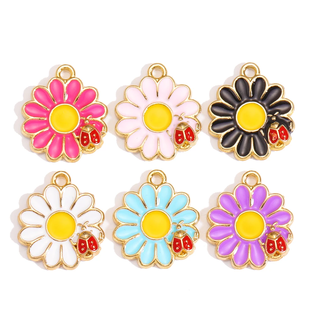 15Pcs Colorful Cute ladybug Flower Enamel Alloy Pendant Charm for Keychain Backpack Pendant DIY Handmade accessory Gifts