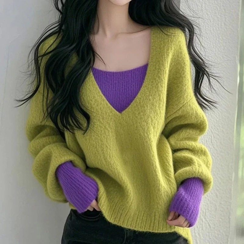Color Blocking V-neck Pullover Sweater Women Knitwear 2025 New Winter High-end Fake Two-piece Base Knit Sweater Outerwear