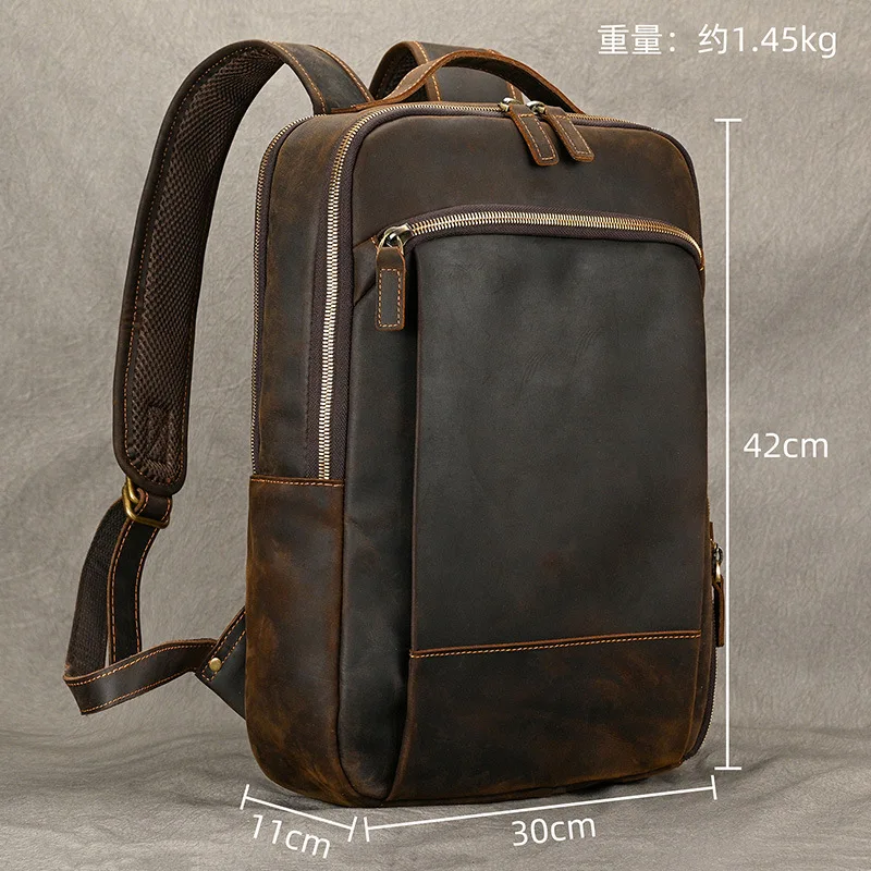 Vintage Crazy Horse Leather Casual Backpack Men's Leather Backpack 15 Inch First Layer Cowhide Student School Bag Travel Bag