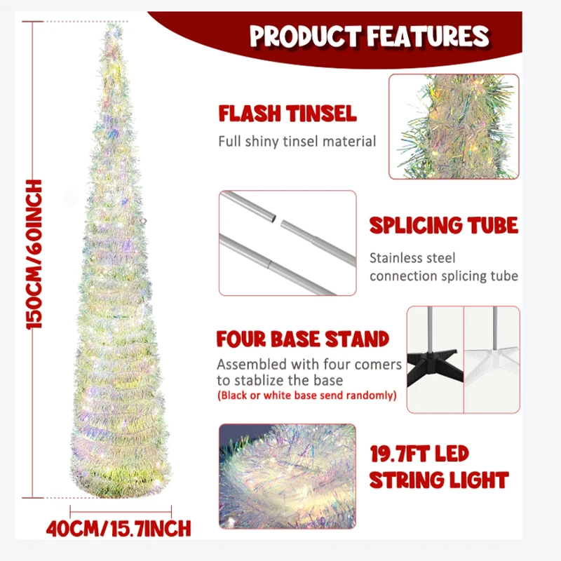 5FT Collapsible Pop Up Christmas Tree, Colorful Tinsel Christmas Tree with 60 LED Warm Lights for Christmas Decorations Indoor