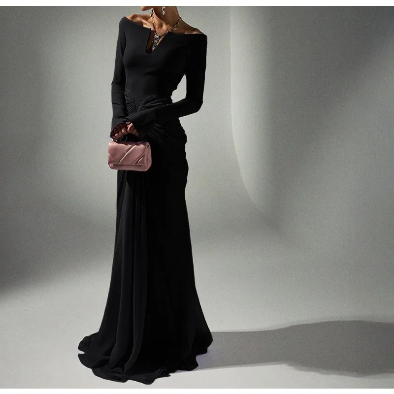 

Cold Beauty God Mysterious Wood Vine Purple Hollow Contrast Color Pleated Design Long Sleeve Dress Women