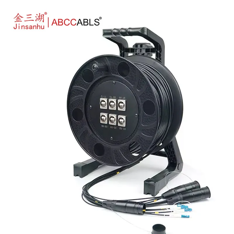 ABCCABLS OF001 12-Core Tactical Armored Single-Mode Fiber Optic Cable Reel-Portable Plastic Reel For Outdoor Live Events Use
