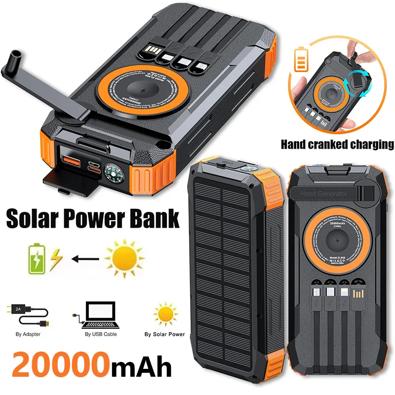 20000mAh Solar Hand Crank Power Bank, 22.5W Magnetic Wireless Portable Charger with LED Light for iPhone iWatch AirPods