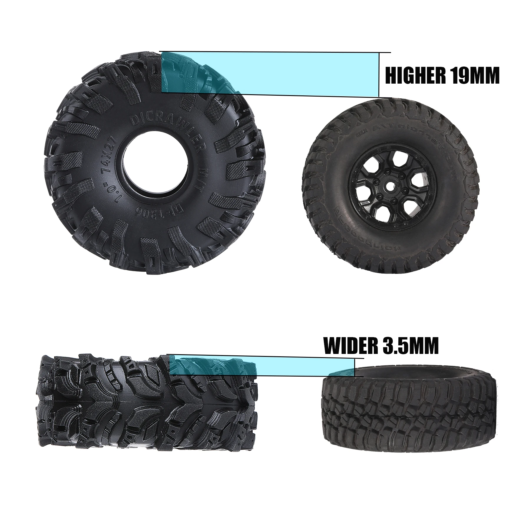 1.0 Mud Tires 74*27mm  Super Large Soft Sticky Tires Swamp for TRX4M 1/18 1/24 RC Crawler Axial SCX24 FMS FCX24 RC Car Upgrade