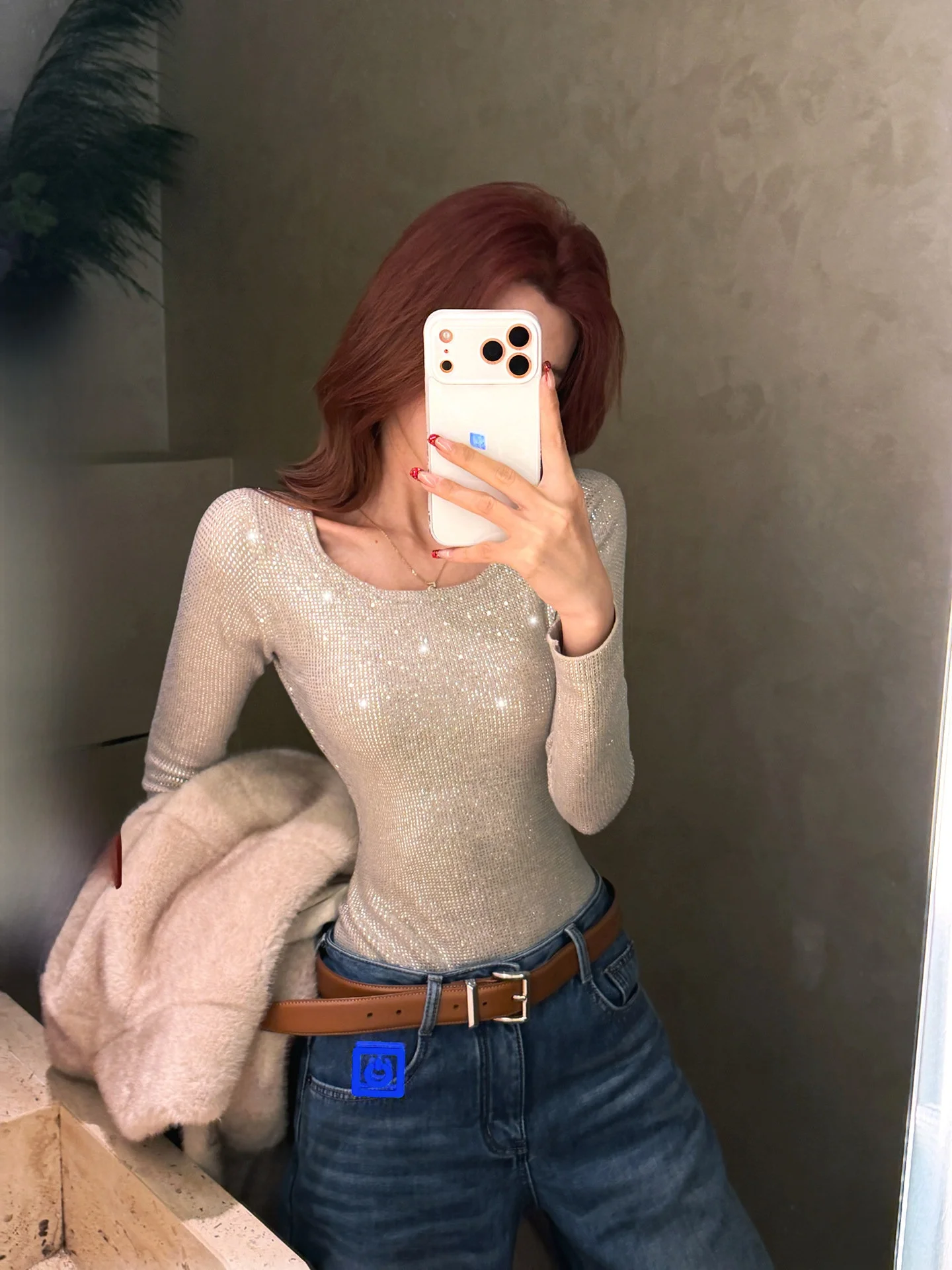 

Street Sle Thin Sweater Women's Inner Wear 60000 Sparkling Hotfix Rhinestones Slimming Effect round Ne Long Sve Top