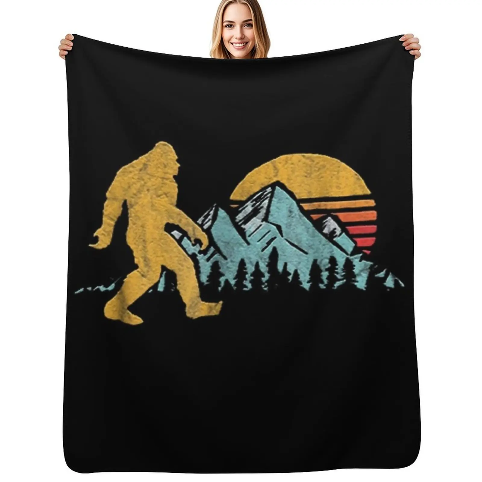 

Vintage Retro Bigfoot Believe Silhouette Mountain Sun Throw Blanket warm for winter decorative Designers Kid'S Blankets