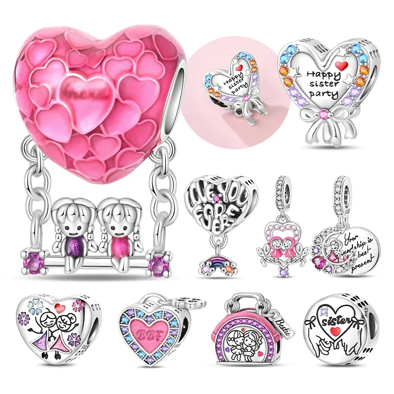 Silver S925 Sisters Series Pink Heart Charm Forever Friendship Beads Fit Original Bracelet Diy Jewelry Gifts for Women